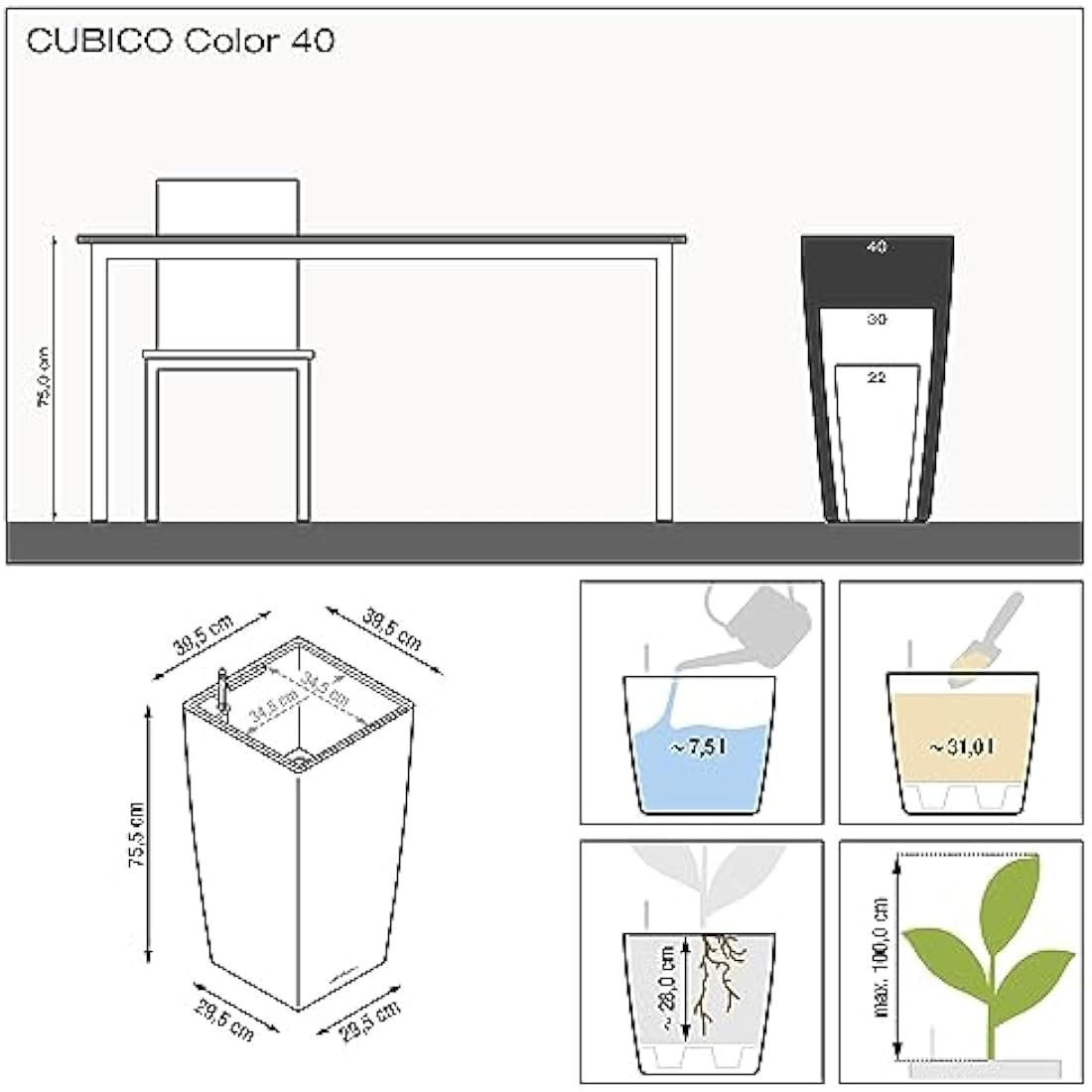 Lechuza CUBICO Color 40 Self Watering Planter Large Garden Plastic Indoor and Outdoor Flower Plant Pot with Drainage Hole H75 L40 W40 cm Sand Brown