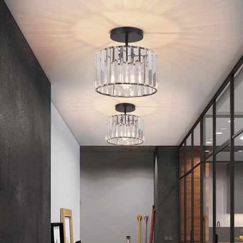 ZYDTRIP Crystal Ceiling Light Fixture Semi Flush Mount Ceiling Lamp Modern Black Crystal Chandelier for Living Room Hallway Dining Room Kitchen