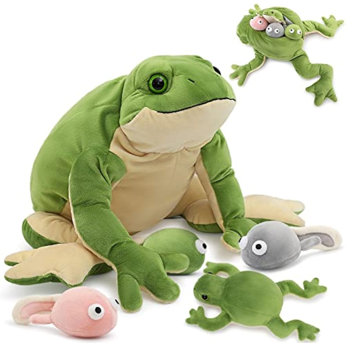 MorisMos Mummy Frog Teddy with 4 Baby Tadpole inside Toys, Cuddly Realistic Green Toad Stuffed Animals, Large Lifelike Frog Plush Soft Toy for Children Girls Boys Birthday Presents 52cm