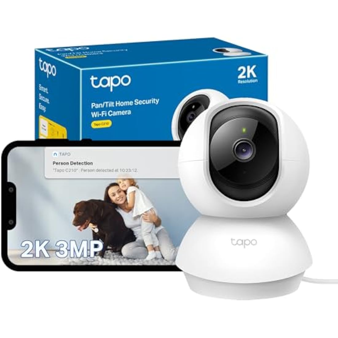 Tapo C210 2K 3MP Pan/Tilt Indoor Camera House Security Camera, WiFi Camera, No Monthly Fee, AI Detection, Dog Puppy Camera, Baby Camera Monitor, 360° View, Night Vision, Works with Alexa & Google