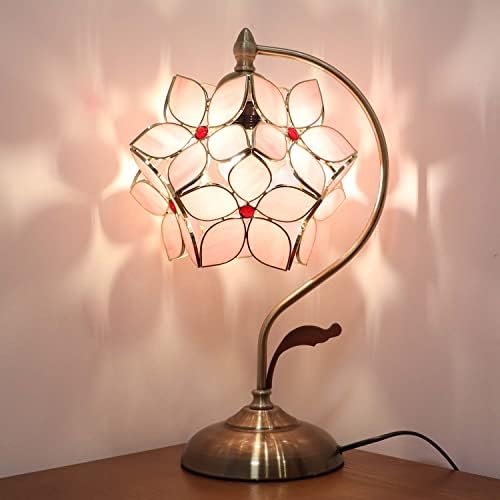 Bieye L30832 Tiffany Style Stained Glass Flower Petal Table Lamp with Brass Base for Home Décor (Pink, 8" Apple Blossom)