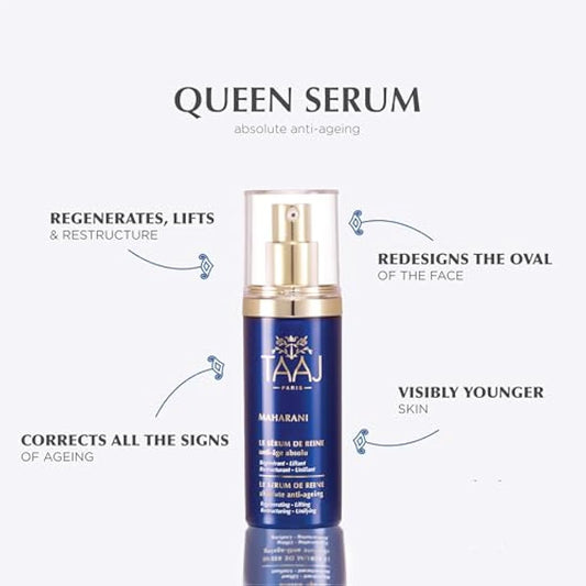 TAAJ | The Queen's serum - MAHARANI | Powerful anti-ageing actives | Deeply regenerated skin | Improved features and unified complexion | Hyaluronic acid collagen and elastin | 30 ml