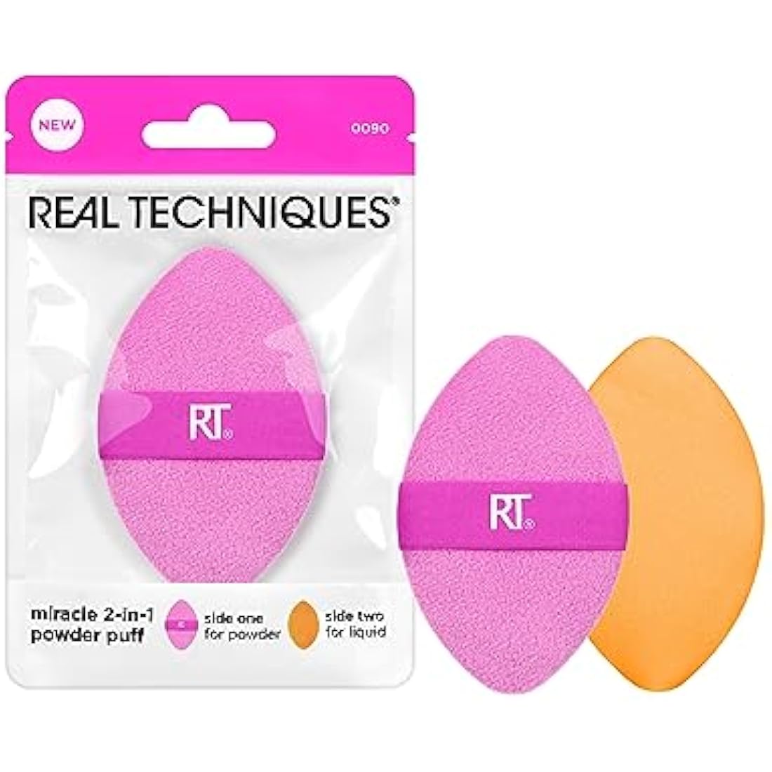 Real Techniques Miracle 2-In-1 Powder Puff, Dual-Sided, Full-Size Makeup Blending Puff, Reversible Elastic Band, Precision Tip Makeup Sponge and Powder Puff, For Liquid, Cream and Powder, 1 Count