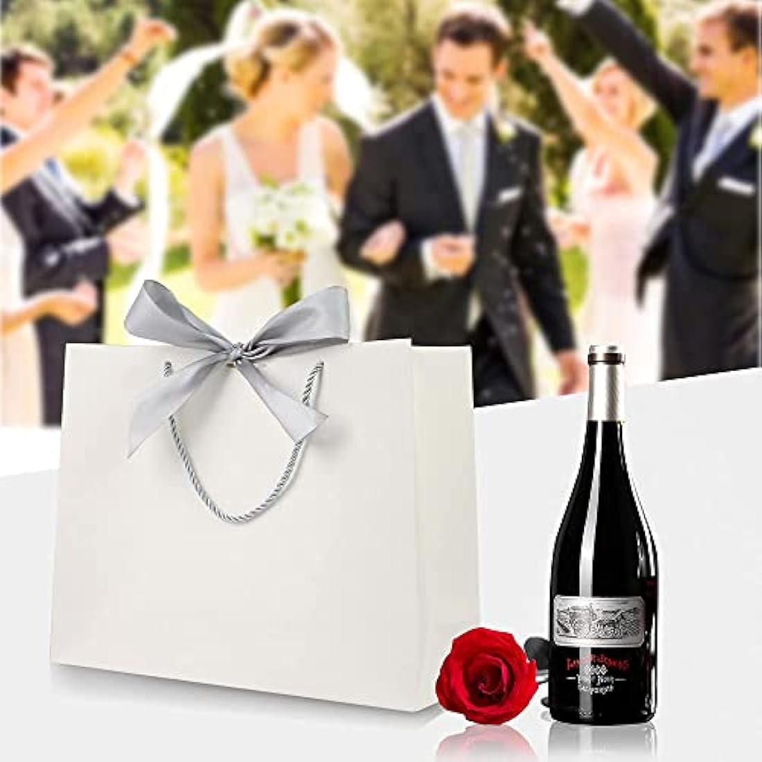 Gift Bags White with Silver Bow Ribbon,Luxury Present Bags for Birthday,Weddings,Party,Bridesmaid,Bridal Shower,12.6x9.8x3.9inches,(White,8 Pack)