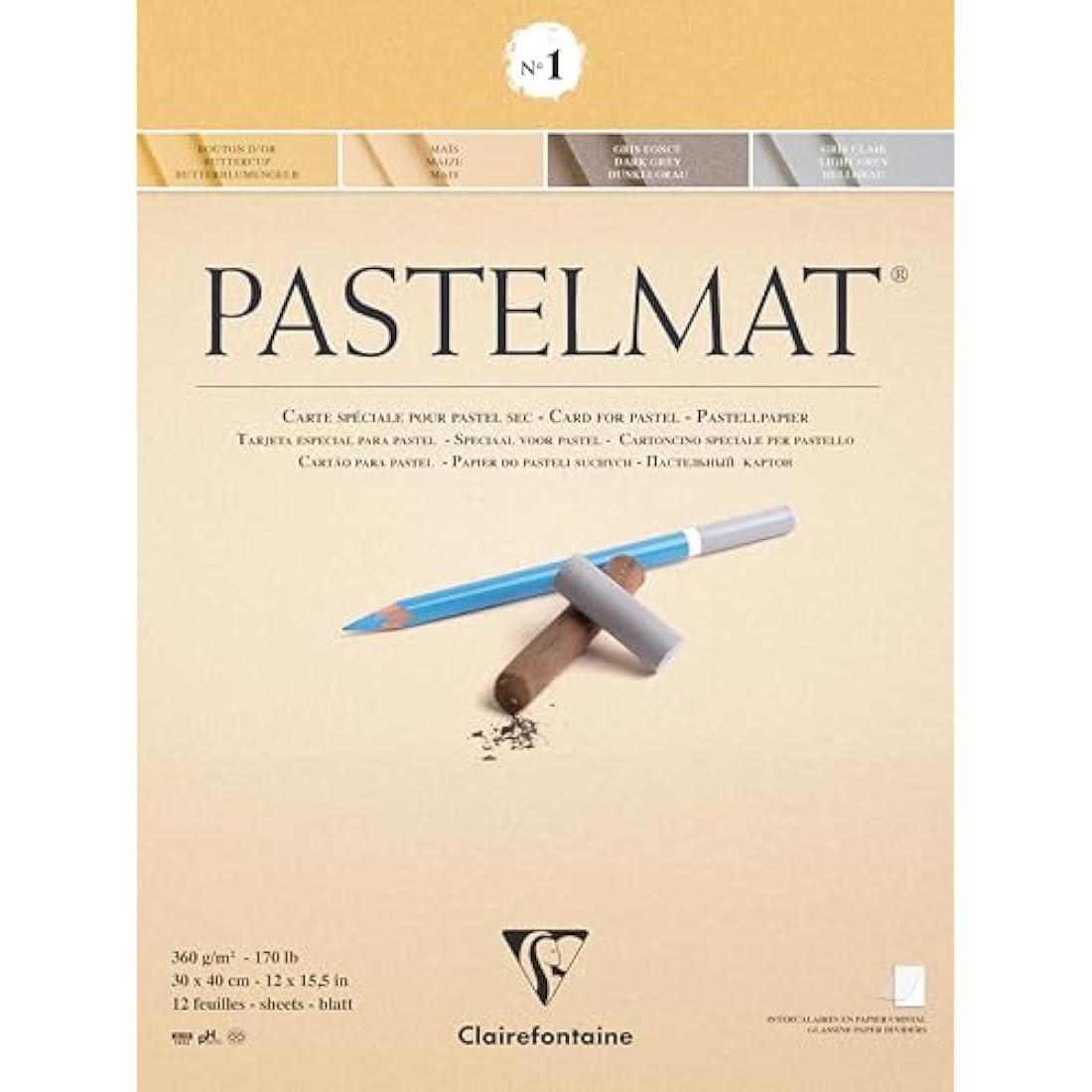 Clairefontaine - Ref 96018C - Pastelmat Pastel Card Pad No.1 (12 Sheets) - 360gsm Card - 30 x 40cm - Assorted Colours - Specially Formulated For Use With Pastels