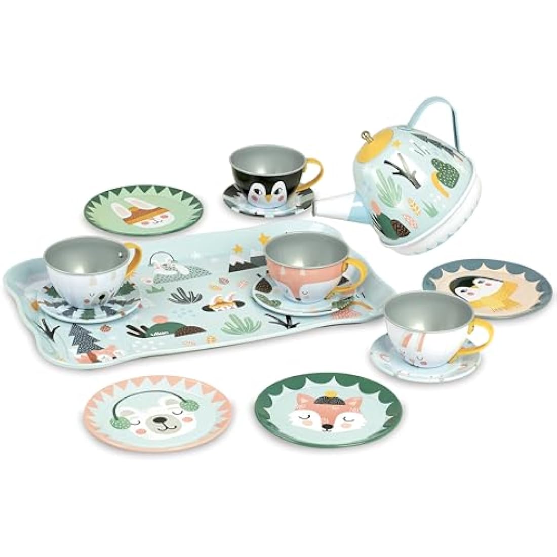 Vilac Musical Metal Tin Tea Set, Kitchen Pretend Play, Iceland Theme Illustrated By Graphic Designer Michelle Carlslund, 14 Pieces, 3 Years+