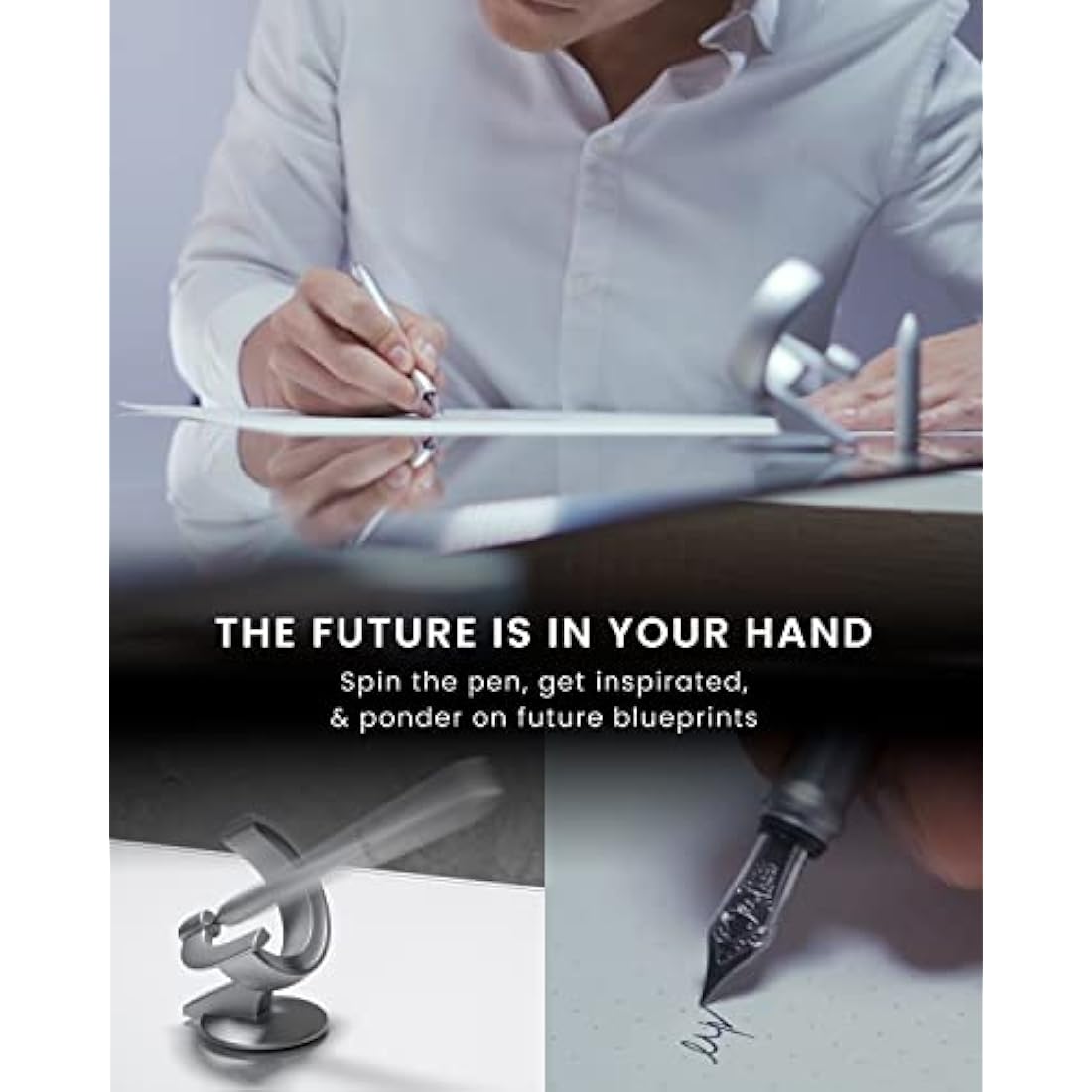 novium Hoverpen Future Edition - Luxury Fountain Pen & Rollerball Pen All-In Gift Box, Fine Nib, Futuristic Aesthetic, Aerospace Metal Made, Free Spinning Pen, Christmas Gifts for Men (Deep Black)