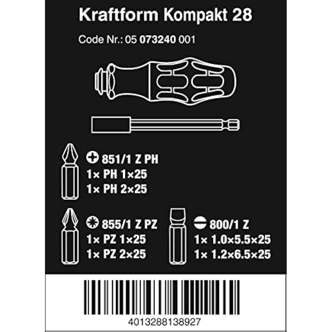 Wera 073240 Kraftform Kompakt 28 Screwdriver Bit Set,Multi-colour,0.25 inches