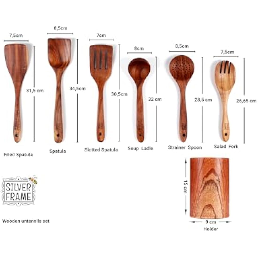 Silver Frame Wooden Spoons for Cooking, Utensils Set with Kitchen Holder -7 pcs of Teak Wood Cooking Utensils Set, Wooden Kitchen Utensils for Nonstick Pans and All Kind of Cooking