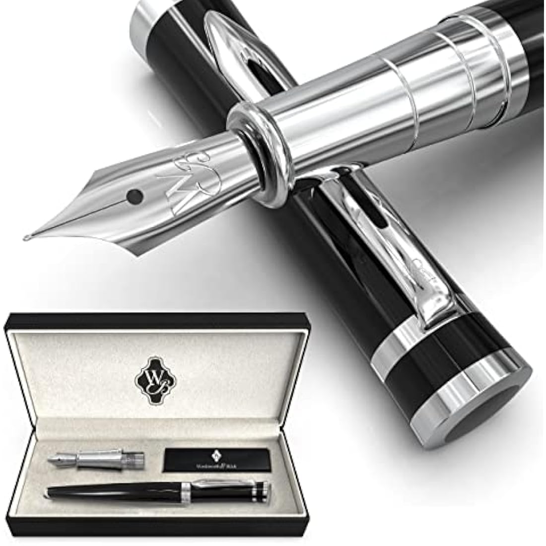 Wordsworth & Black Fountain Pen Set, 18K Gilded Medium and Fine Nibs, 6 Ink Cartridges and Refill Converter, Gift Case, Smooth Writing Pens [Black Chrome], Perfect for Men and Women