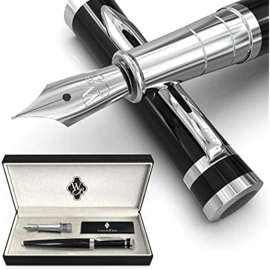Wordsworth & Black Fountain Pen Set, 18K Gilded Medium and Fine Nibs, 6 Ink Cartridges and Refill Converter, Gift Case, Smooth Writing Pens [Black Chrome], Perfect for Men and Women