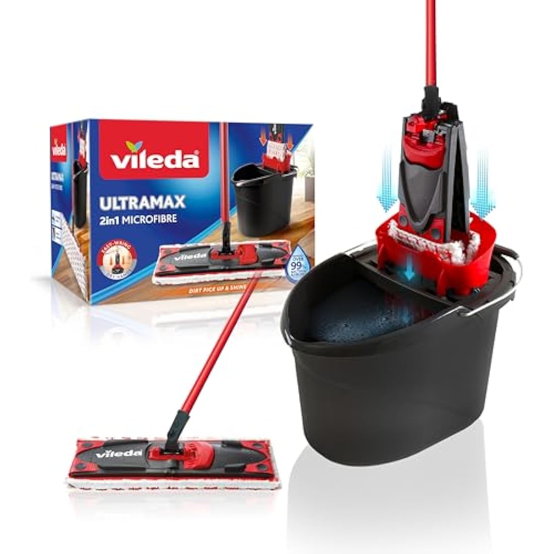 Vileda UltraMax Flat Mop and Bucket Set, Red, 2 Count (Pack of 1)