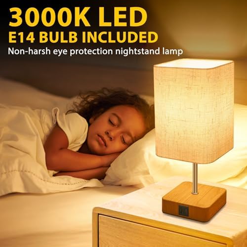 Touch Control USB Table Lamp, Dimmable Nightstand Lamps with USB Charging Ports, Small Touch Lamp with Wood-grain Base ＆ Fabric Shade for Bedroom, Living Room, Children's room, Bulb Included, 2 Pack