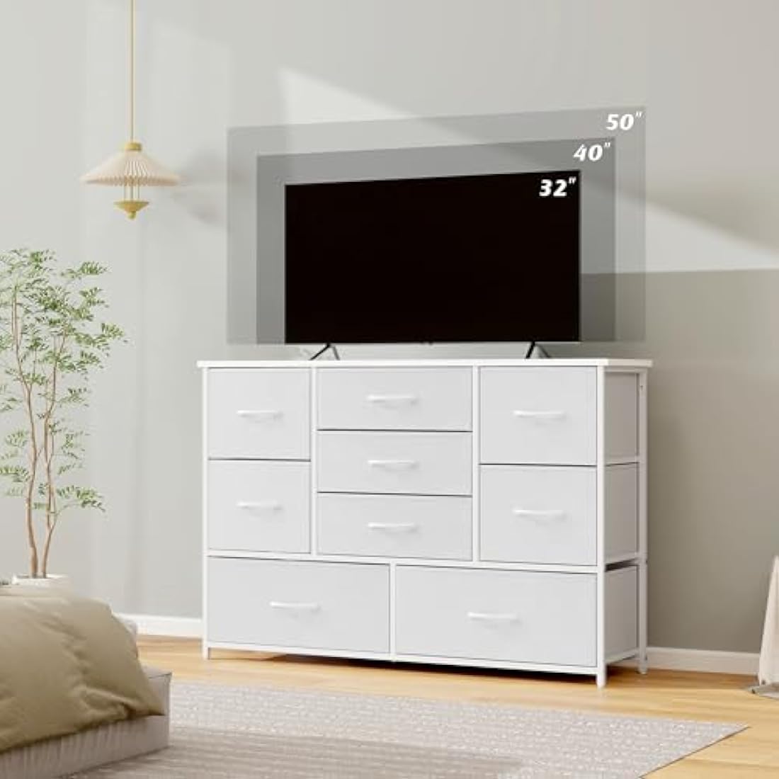 LYNCOHOME White Chest of Drawers for Bedroom, 9 Drawer Fabric Dresser Storage Organizer, Wide Dresser TV Stand for Bedroom, Living Room, Entryway, Nursery
