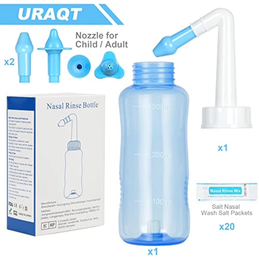 URAQT Neti Pot, Nasal Rinse Kit Nose Wash Cleaner, 300ml Sinus Rinse Bottle with 40 Nasal Wash Salt Packets, Pressure Rinse Nasal Irrigation for Adult and Kid BPA Free