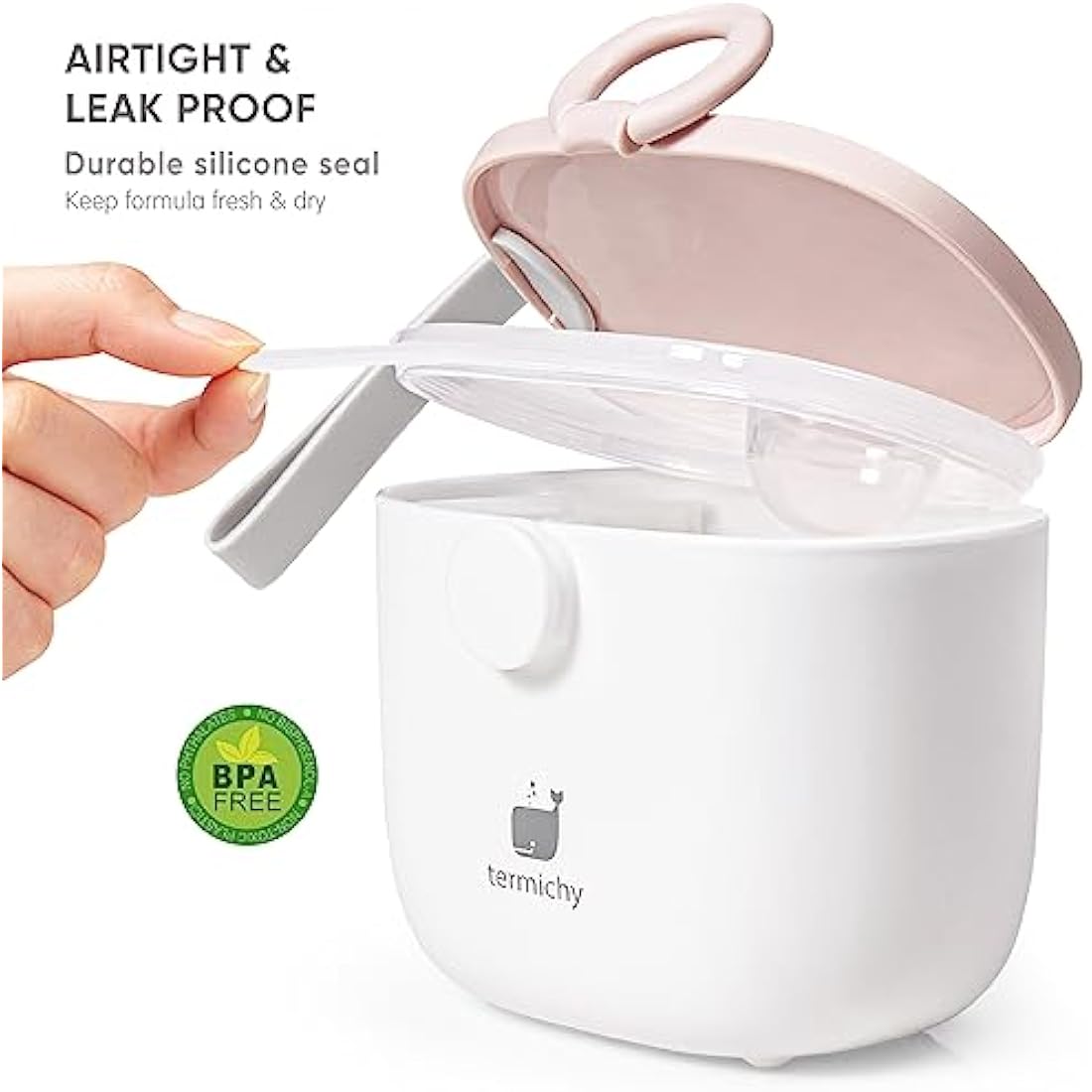 Termichy Milk Powder Scoop Baby Milk Powder Dispenser, 250 g Airtight Portable Milk Powder Container for Travel, with Scraper and Spoon (Pink and White, 1 Piece)