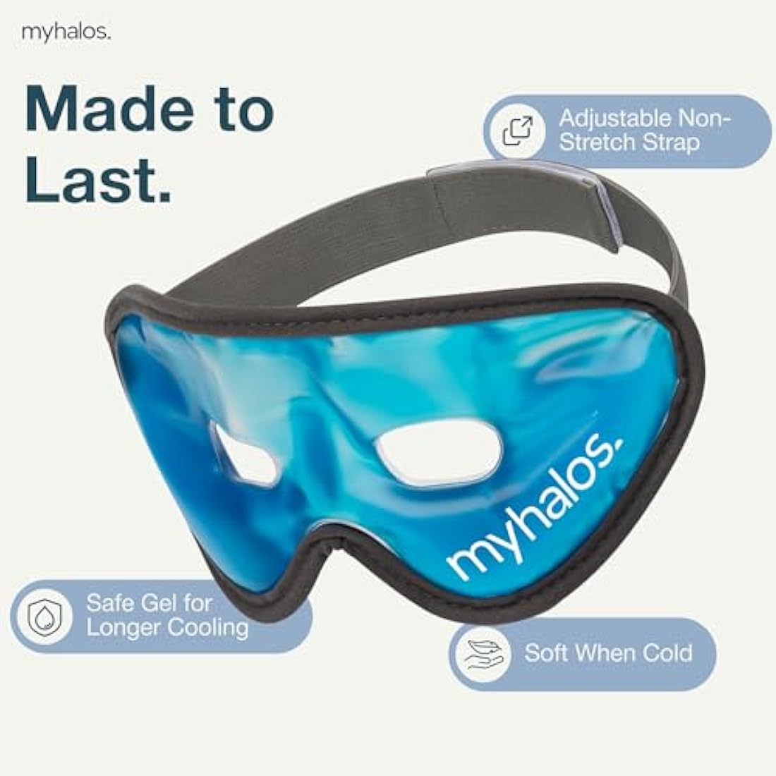 MyHalos Gel Eye Mask - Reusable Cooling Eye Mask with Adjustable Straps - Cold Mask for Puffy Eyes, Dark Circles and Hangovers - Eyes Ice Pack Compress for Sinus, Headaches & Puffiness, Blue (1-Pack)