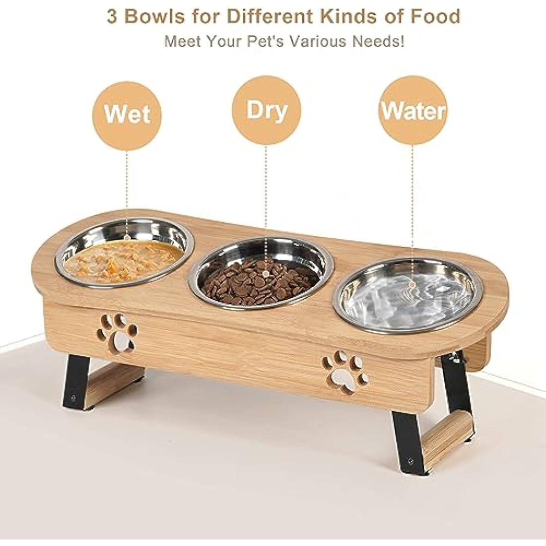 GHIAKQYT Raised Feeding Bowls - Cat Feeding Station 3 Bowls Raised Cat Bowl Height Adjustable Feeding Bowl Feeding Bar with Stand Stainless Steel Bowls for Water Food - Feeding Bowl for Cats (Bamboo