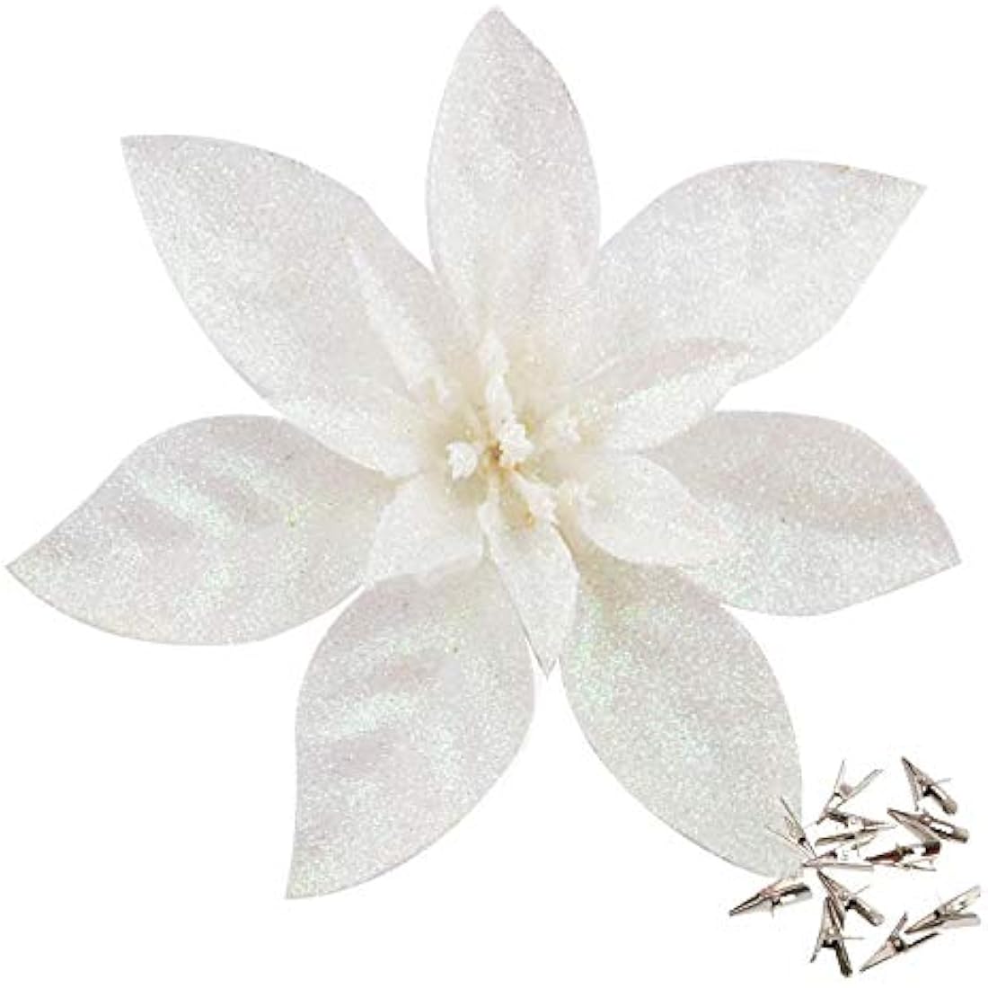 GL-Turelfies 12 Pcs Glitter Christmas Flowers(16cm/6.3’’) with 12 Pcs Clips Artificial Poinsettia Flower Christmas Tree Flower Decorations Xmas Tree Ornaments (White)