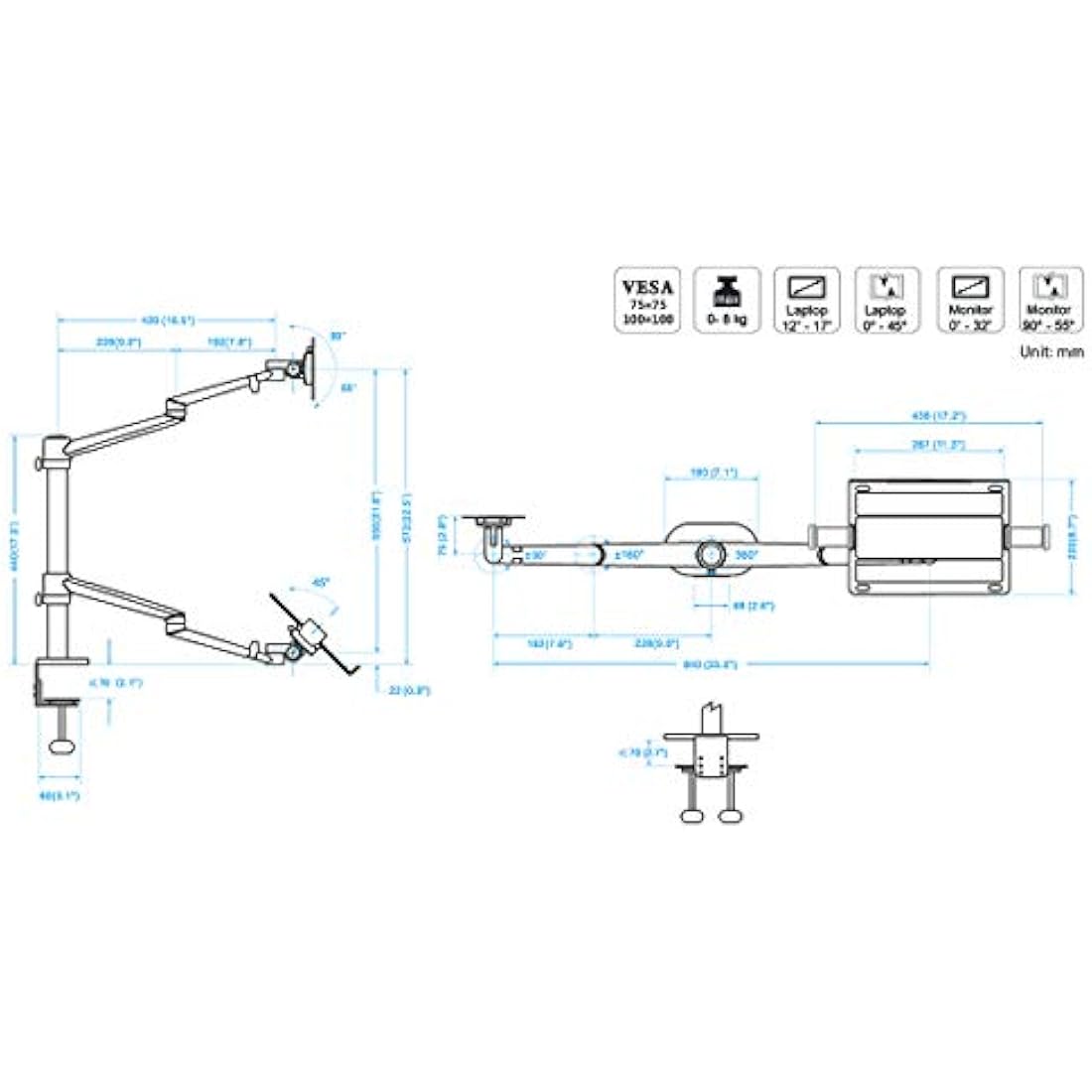 Thingy Club Dual Arm Monitor & Laptop Mount, Desk Mount Stand for up to 30 inch Computer Screen and 12-17 inch Laptop, Height Adjustable, Swivel at Any Angle, Each Arm Supports 8KG (Silver)