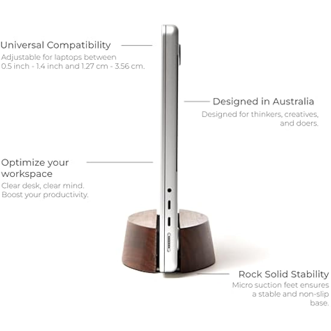 Nordik Adjustable Vertical Laptop Stand - Walnut - Premium Laptop Holder for Home Office, Software Engineers - Space Saving Desk Laptop Dock - Stable Non-Slip Wood Stand - Macbook Pro