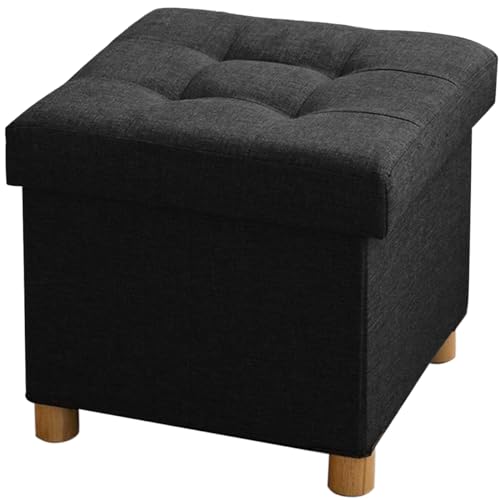 BRIAN & DANY Folding Ottoman Storage Box with Wood Legs, Linen Foot Stool, Footstool with Storage, Highly Elastic Sponge Filling, Black, 38 x 38 x 38