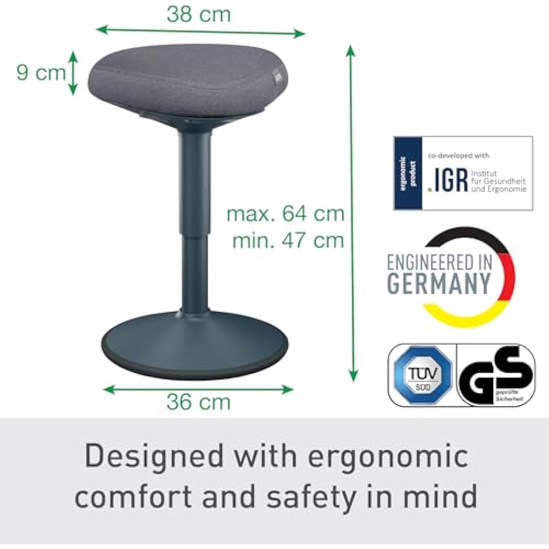 Leitz Ergo Active Sitting Stool with Unique Dual Density Foam Comfort Cushion, Height Adjustable 47 to 64cm, 100% Post Consumer Recycled Seat Cover, Supports 110kg, Ergo Range, Dark Grey, 65440089