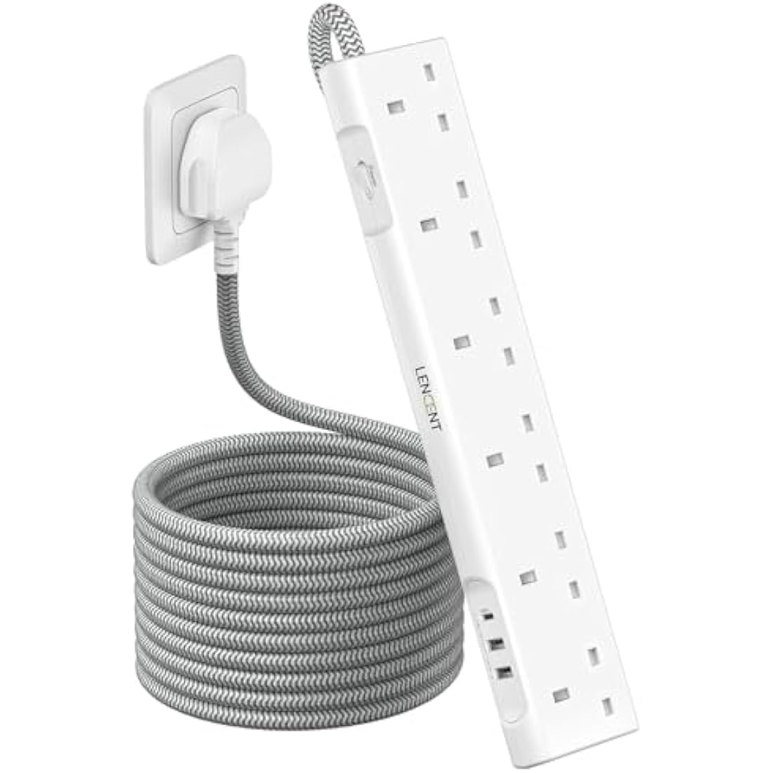 LENCENT 3M Extension Lead with USB Slots, 6 Way Outlets Power Strip with 1 USB-C and 2 USB Slots,Multi Power Plug Extension with 3M Braided Extension Cord for Home Office, White