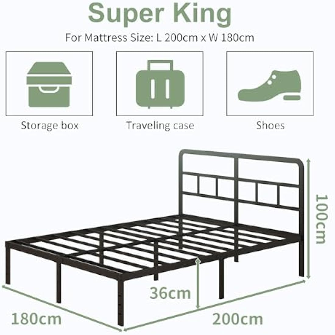 Lutown-Teen Super King Bed Frame 6ft with Curved Headboard, Heavy Duty Metal Bed Frames Super King Size with Steel Slats, 36 cm High, Ample Storage Underneath, Noise Free, Easy Assembly, Black
