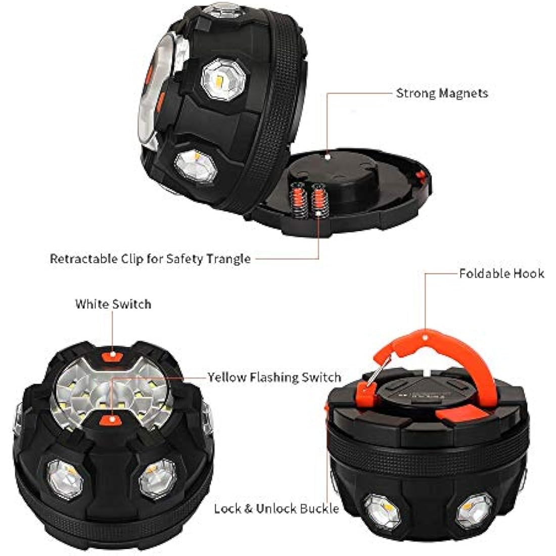 Car LED light Road Flares, Vehicle Emergency Breakdown Kit, with 8 Amber Flashing modes,Warning Signal beacon disc for safety with 1.5km 360 degree visibility plus magnetic base and hook attachment