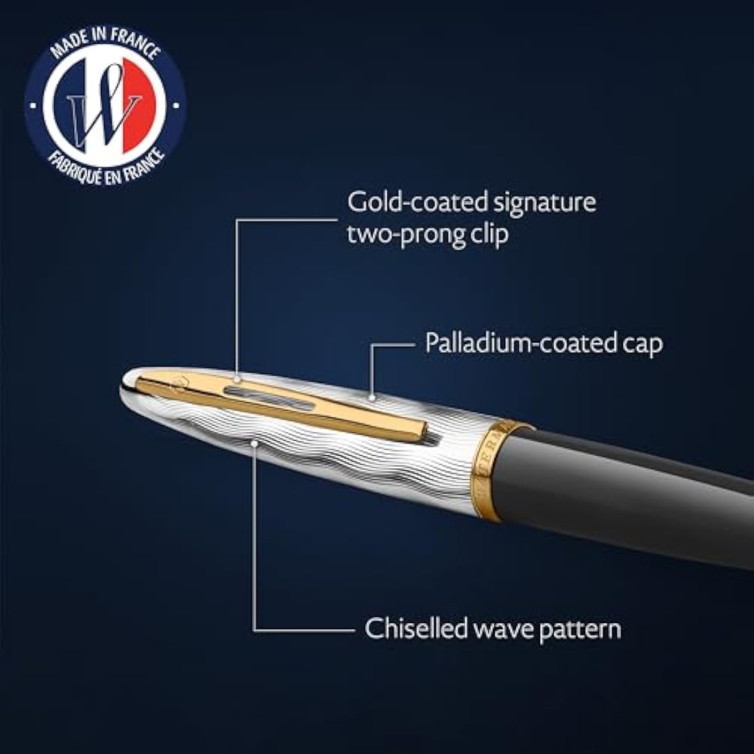Waterman Carene Ballpoint Pen | Metal & Black Lacquer with Gold trim & Chiselled cap | Medium Tip | Blue Ink | Gift Box