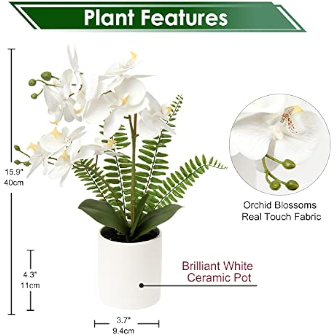 Briful White Orchid Artificial Flowers in Ceramic Pot Fake Orchid White Silk Phalaenopsis Flower Arrangement Artificial Orchid Plant Indoor for Home Office Kitchen Bedroom Wedding Decor