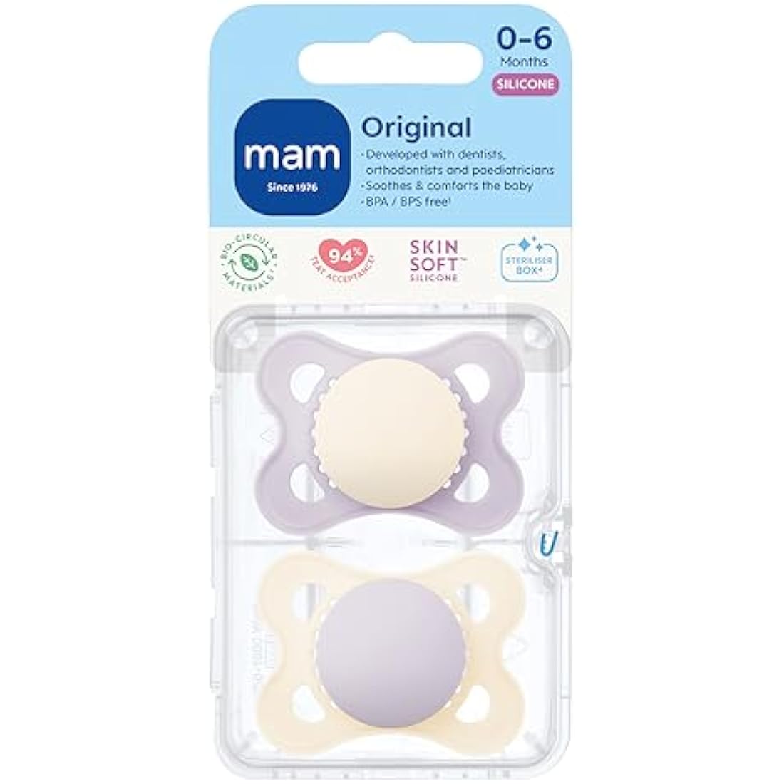 MAM Original Soothers | 0-6 Months | 2 Pack | Comes in Dummy Steriliser Case | Sustainable Materials | Baby Accessories for Newborn | Pink (Various Designs)