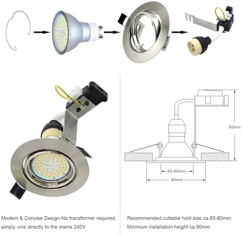 HiBay 10x Modern GU10 LED Downlights for Ceilings Tilt Recessed Ceiling Lights Round Brushed Chrome Spotlights Fitting 240V - Outer Diameter:90 mm,Cut-Out Hole Size:68-80 mm