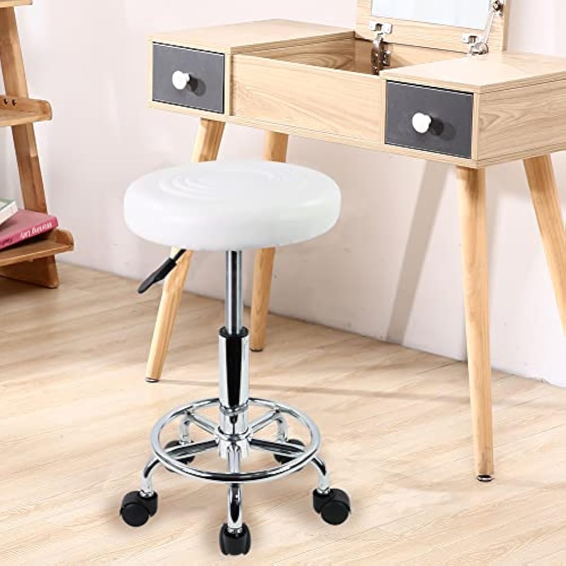 KKTONER PU Leather Round Rolling Stool with Foot Rest Swivel Height Adjustment Medical Spa Drafting Salon Tattoo Work Office Massage Stools Task Chair (White)