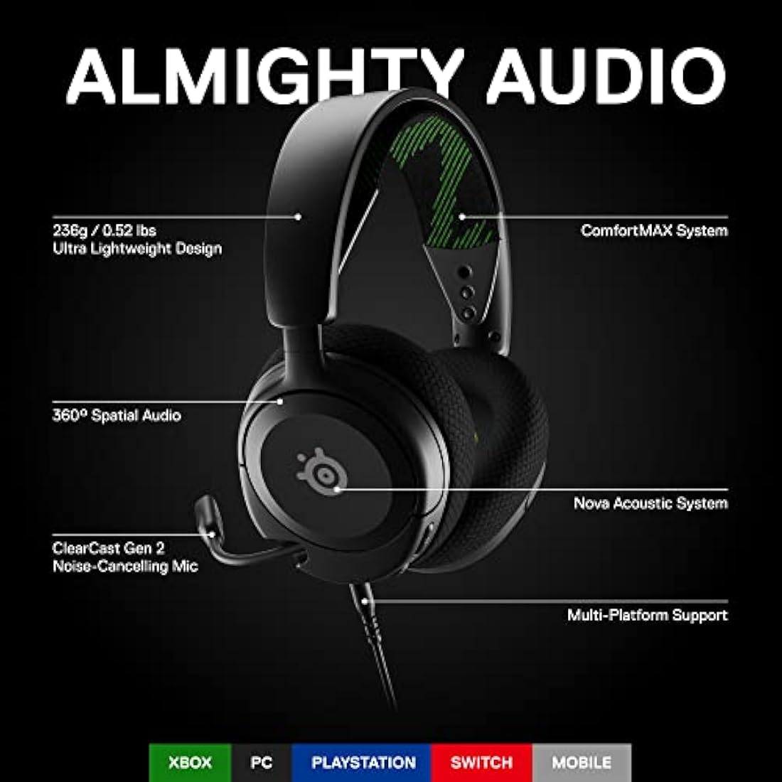 SteelSeries Arctis Nova 1X Xbox Series X/S Gaming Headset - Hi-Fi Drivers - 360° Spatial Audio - AirWeave Memory Foam Ear Cushions - Lightweight - Also compatible with PC, PS5, PS4 - Black
