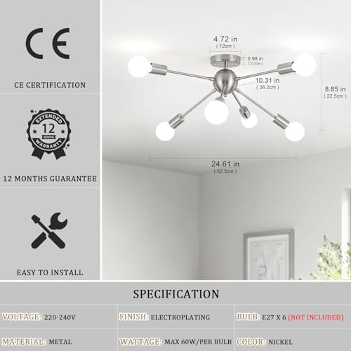 ASHUAQI Sputnik Ceiling Light Chrome Ceiling Lights, 6 Lights Chandeliers Ceiling Light, Mid-Century Modern Chandelier, Industrial Semi Flush Ceiling Lights for Living Room Bedroom Kitchen Hallway