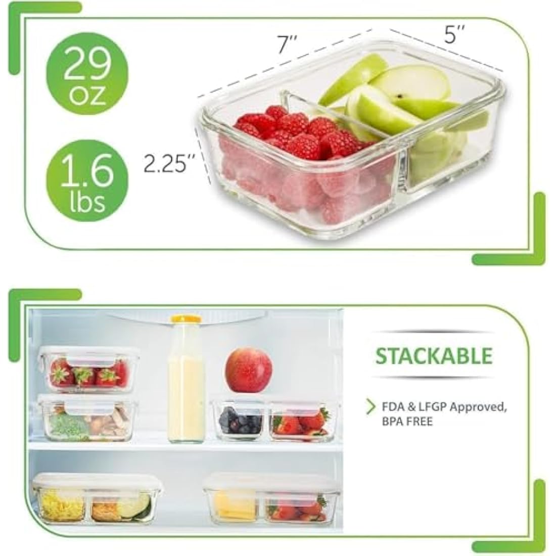 [5-Pack] Food Prep & Storage Glass Containers with Lids - Airtight Glass Meal Prep Containers Reusable (850 Millilitres - 2 Compartment)