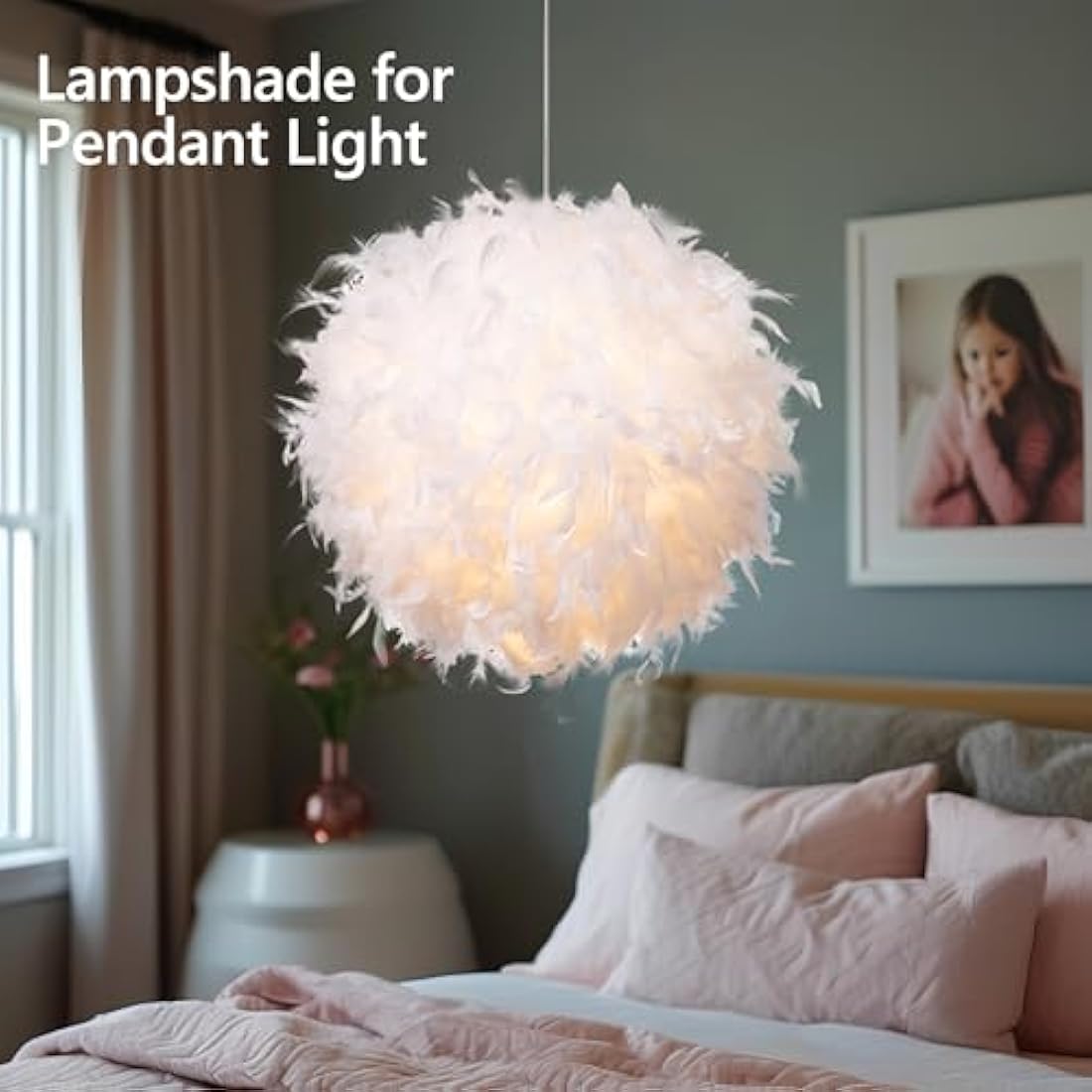 Waneway 50cm White Feather Lamp Shade for Ceiling Pendant Light, Floor Lamp & Table Lamp, Non-Electrical Lightshade with a Reducing Ring for Living Room and Bedroom, ID 40cm, OD 50cm