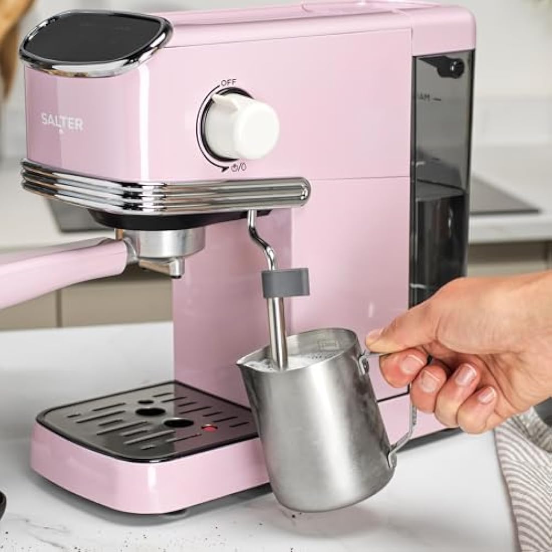 Salter Retro Espresso Machine – Pink Coffee Machine with Milk Frothing Wand, Cappuccino/Latte, 20-Bar Pressure Pump, 1.35L Water Tank, Ground Coffee, Single/Double Shot, Digital LED Display, 1350W