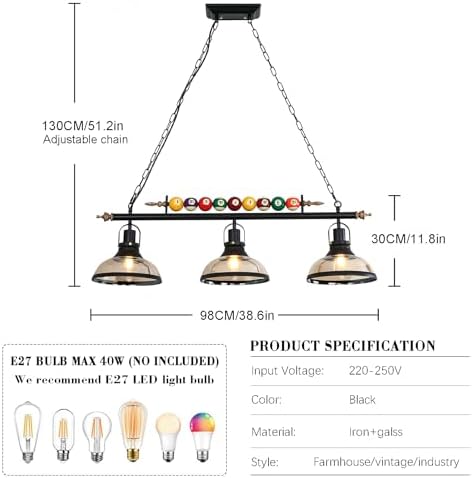 Retro Industrial Pendant Light, Black American Wrought Iron Snooker Bar Restaurant Style Chandelier,Hanging Lamp for Pool Table, Dining Table, Island Table