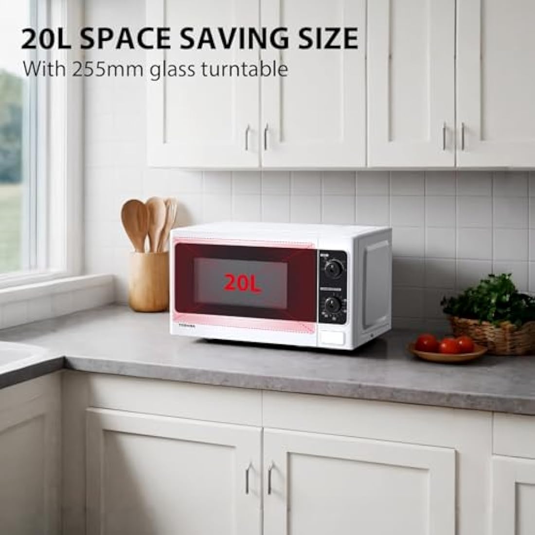 TOSHIBA 20 Liter 800W Manual Control Solo Small Microwave, Compact with 5 Power Levels, Automatic Defrost Function, Perfect for 9'' pizza, Clock and Timer, Easy Clean, White- MM-MM20P(WH)