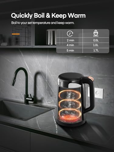 Electric Kettle, 1.7L Glass Tea Kettle, with Keep Warm, 5 Temperature Control, 2200W Fast Boil, Auto Shut-Off & Boil-Dry Protection, with 5 Colored