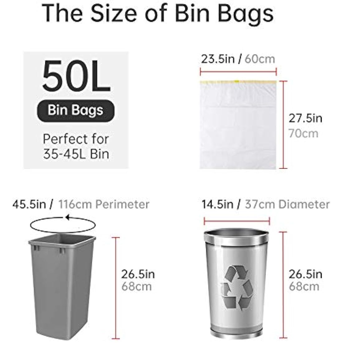 blkk Bin Bags Heavy Duty Bin Liners 50L Swing Bin Liners Strong Pedal Drawstring Bin Bags with Tie Handle Unscented 1 Roll, 20 Counts in All