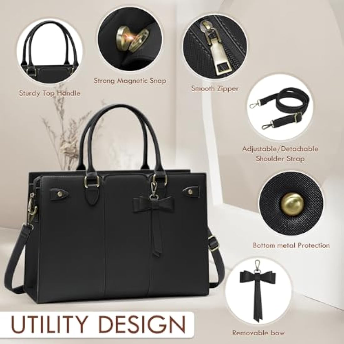 RAINSMORE Laptop Bags for Women PU Leather Work Bags for Women Tote Bag Large Handbag Shoulder Bag for Office Bussiness 15.6 Inch Black