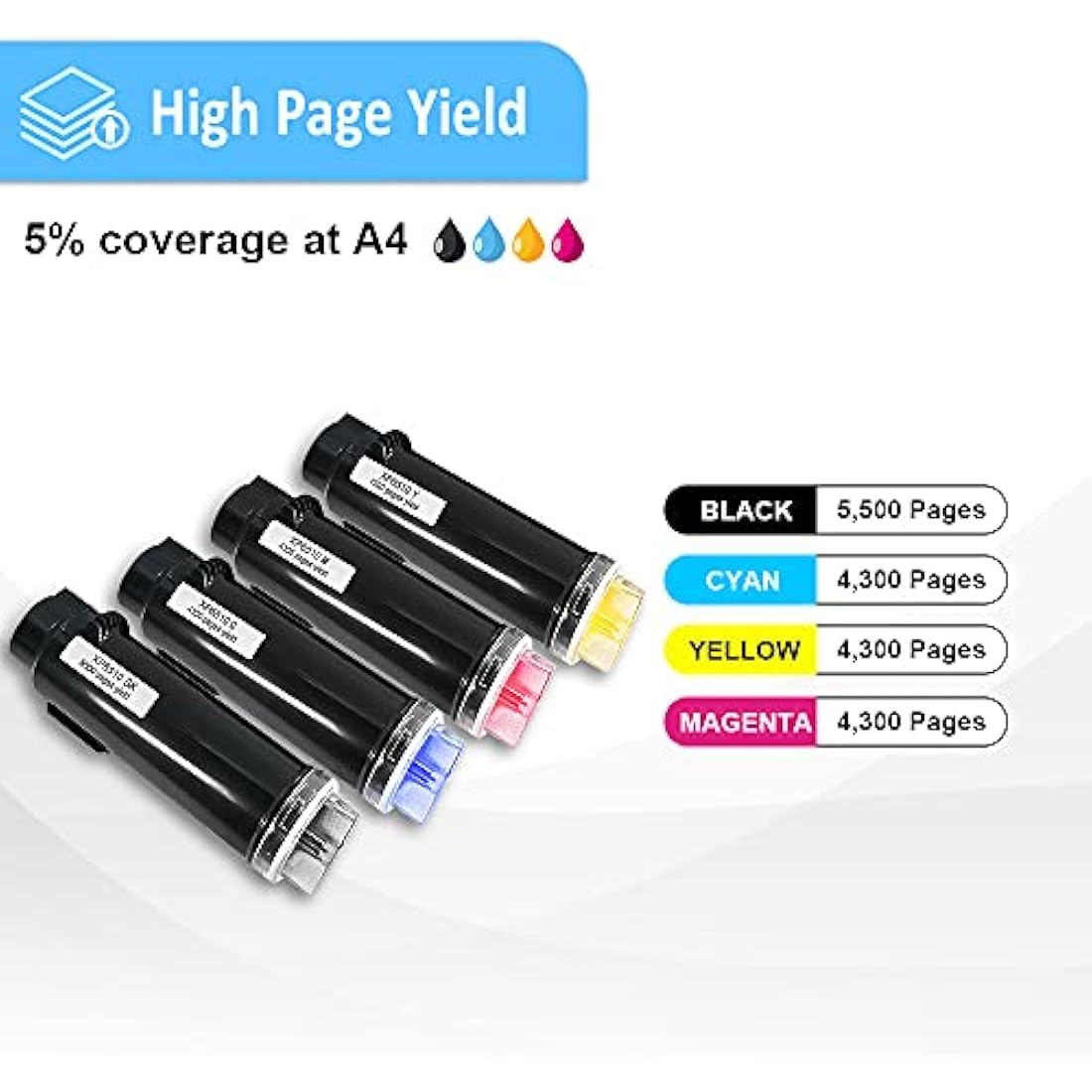 5 Packs Compatible Toner Cartridges (2BK + C M Y) High Capacity 5500 Pages for BK & 4300 Pages for C M Y for Xerox Phaser 6510 6510n 6510dn 6510dni, WorkCentre 6515 6515n 6515dn 6515dni