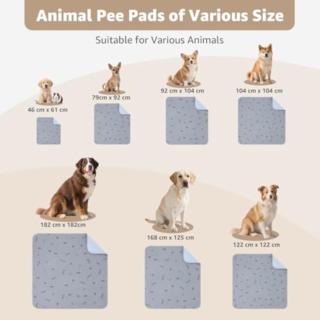 Washable Pee Pads for Dogs, 2Pack Puppy Pads Washable,Absorbent Reusable Whelping Pads Non-Slip Dog Mats with Bone Print for Floor Protector, Couch Cover, Crate, Potty Training -92x104CM