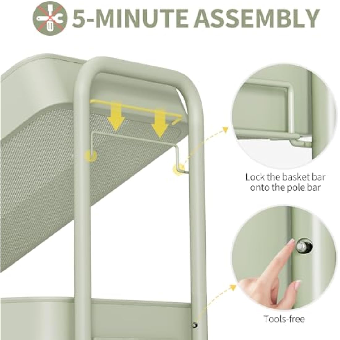 Urackify Storage Trolley on Wheels for Variety Applications, 3 Tier Trolley with Extra DIY Pegboards,Handing Bins, and Hooks for Living Room, Kitchen, Bathroom, Office, Classroom, Green