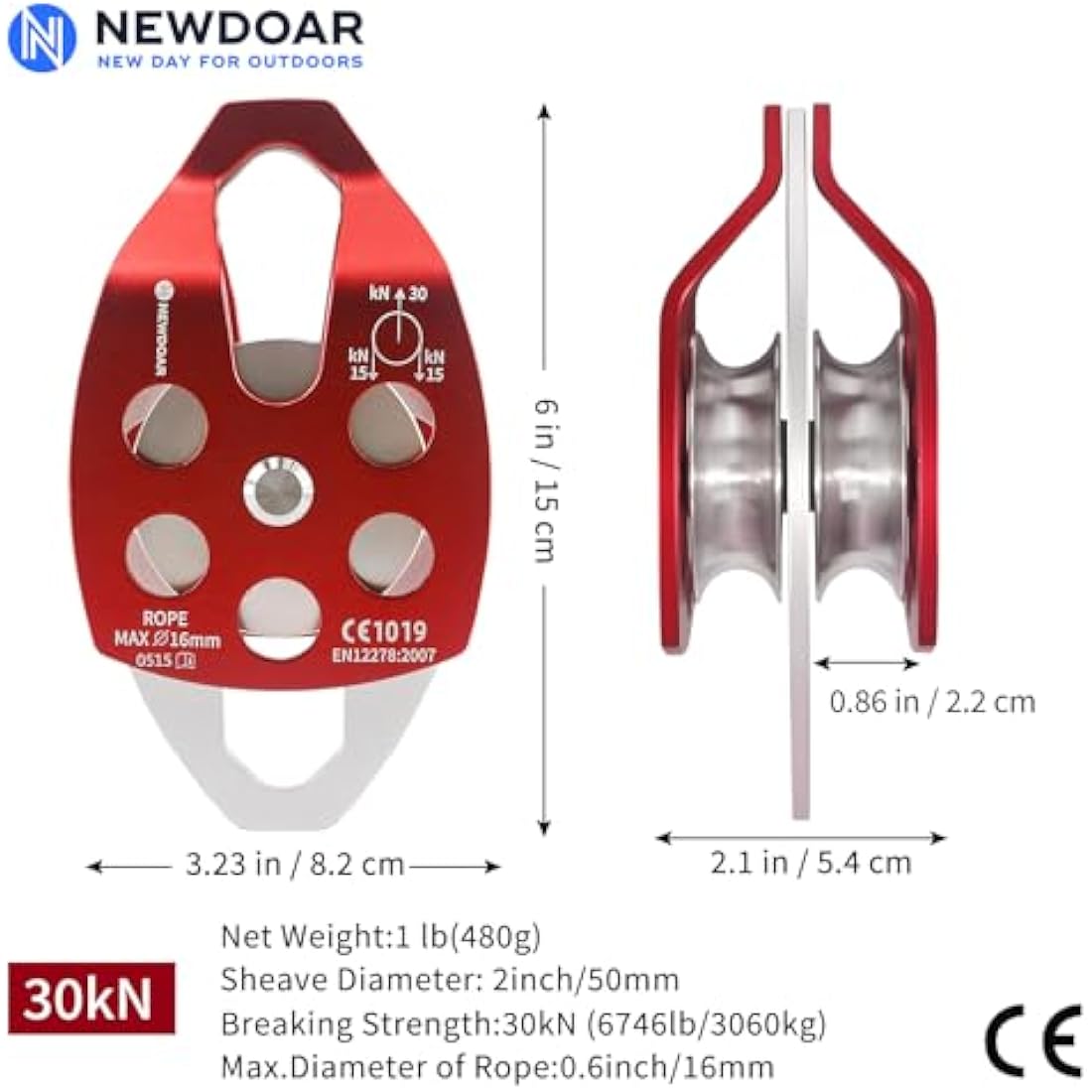 NewDoar 30KN Single/Double Pulley CE Certified Large Rescue Pulley for Diameter Max 16mm Rope Single/Double Sheave with Swing Plate for Rescue Hauling Arborist Tree Climbing
