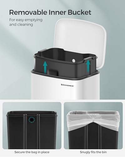 SONGMICS Kitchen Bin, 8 Gallon (30L) Rubbish Bin, Steel Pedal Bin with Lid and Inner Bucket, Soft Close, White LTB01W